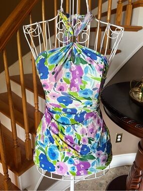 Vintage Y2K Express Watercolor Floral Halter Tank Top Spring Bohemian Size M